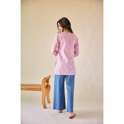 Old Marigold Sonam Pink Cotton Hand Embroidered Short Chikankari Kurti
