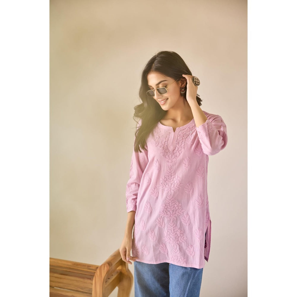 Old Marigold Sonam Pink Cotton Hand Embroidered Short Chikankari Kurti