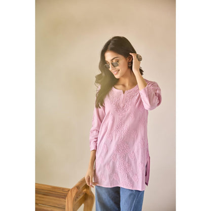 Old Marigold Sonam Pink Cotton Hand Embroidered Short Chikankari Kurti