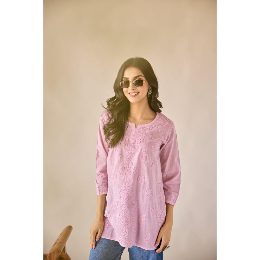 Old Marigold Sonam Pink Cotton Hand Embroidered Short Chikankari Kurti