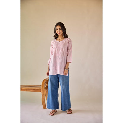 Old Marigold Ekta Pink Cotton Hand Embroidered Short Chikankari Kurti