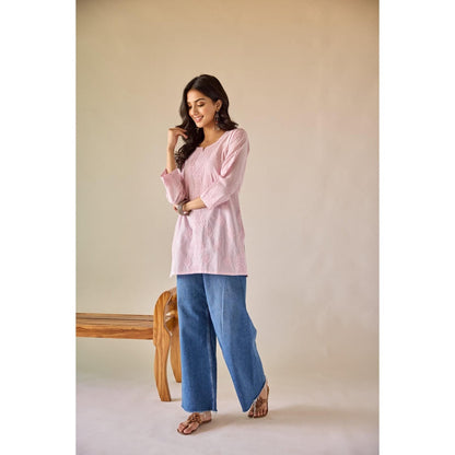 Old Marigold Ekta Pink Cotton Hand Embroidered Short Chikankari Kurti