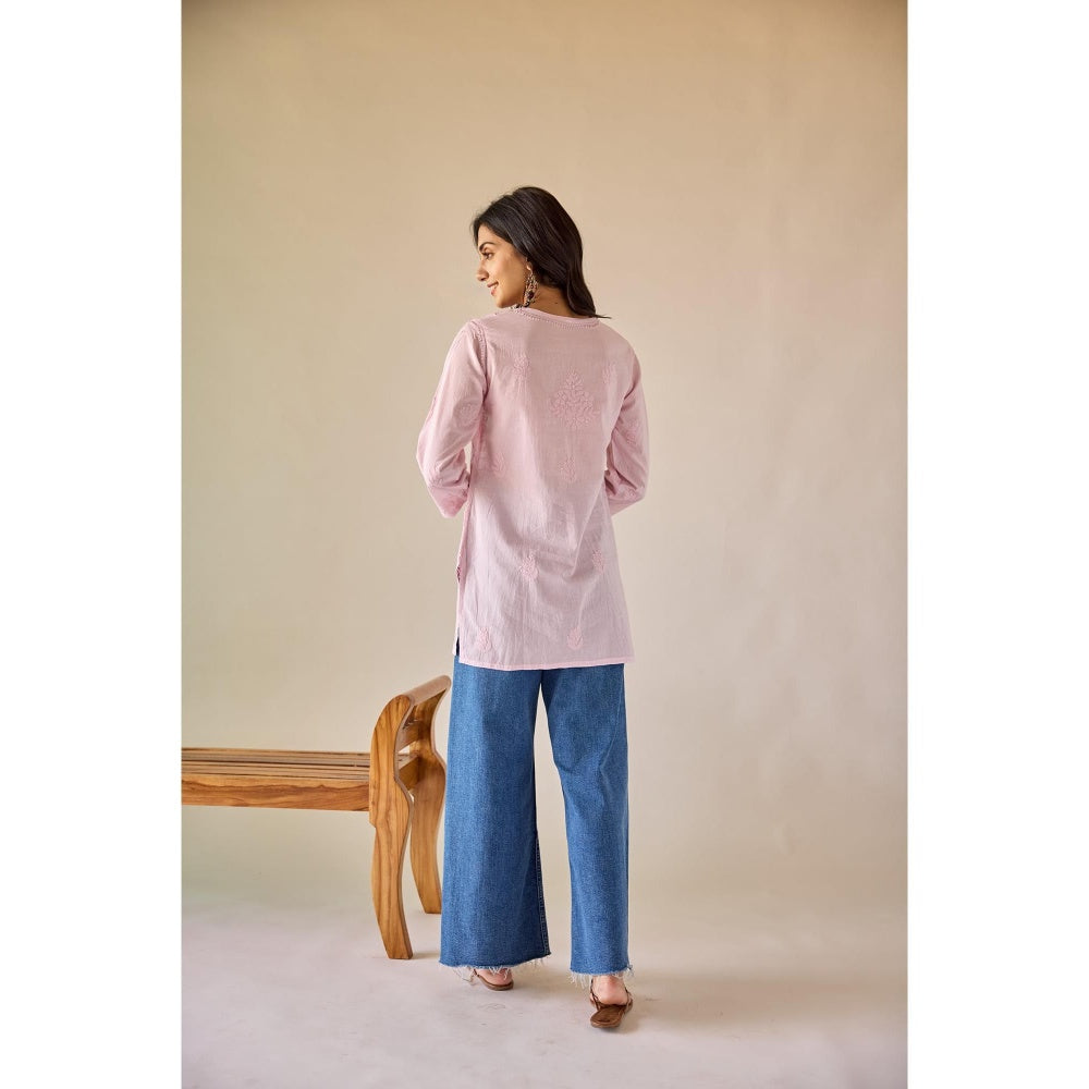 Old Marigold Ekta Pink Cotton Hand Embroidered Short Chikankari Kurti