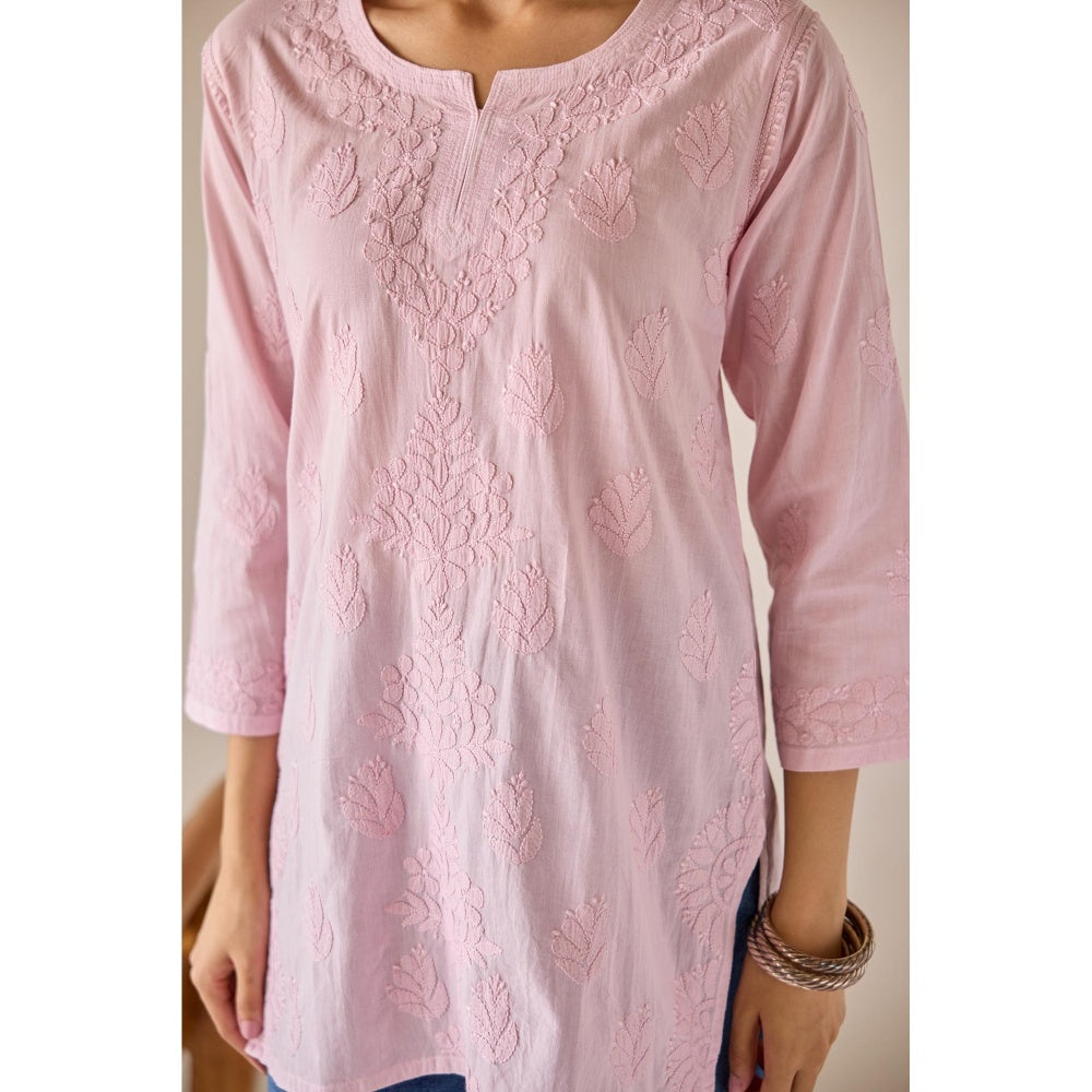 Old Marigold Ekta Pink Cotton Hand Embroidered Short Chikankari Kurti