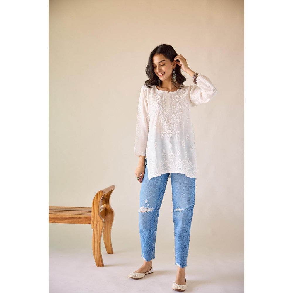 Old Marigold Sangeeta Eggshell White Chanderi Hand Embroidered Short Chikankari Kurti