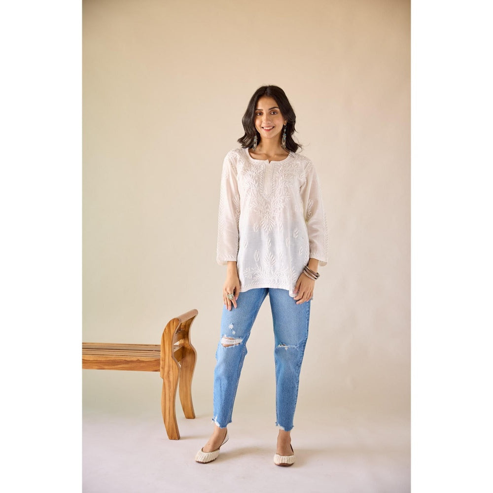 Old Marigold Sangeeta Eggshell White Chanderi Hand Embroidered Short Chikankari Kurti