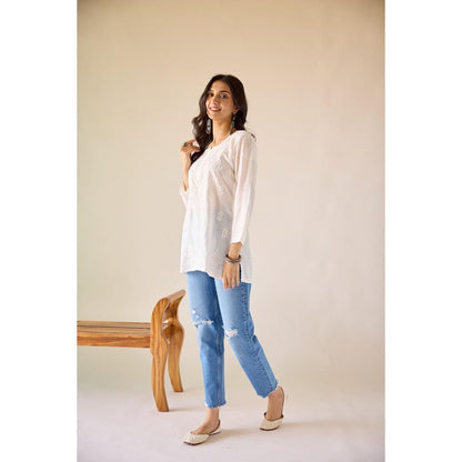 Old Marigold Sangeeta Eggshell White Chanderi Hand Embroidered Short Chikankari Kurti