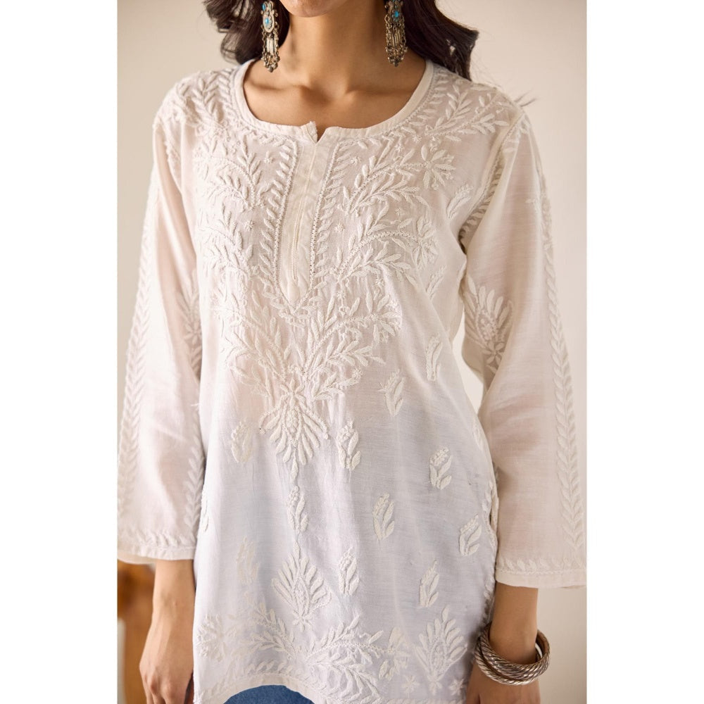 Old Marigold Sangeeta Eggshell White Chanderi Hand Embroidered Short Chikankari Kurti