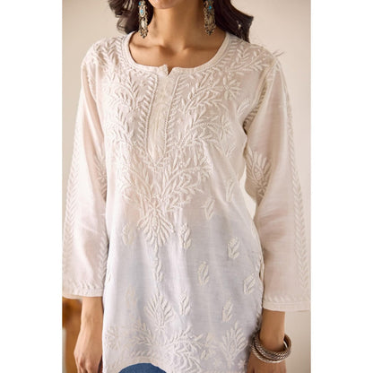 Old Marigold Sangeeta Eggshell White Chanderi Hand Embroidered Short Chikankari Kurti