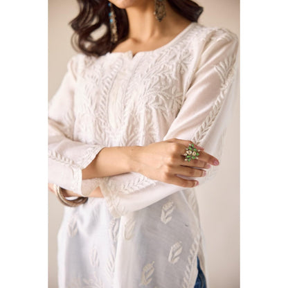 Old Marigold Sangeeta Eggshell White Chanderi Hand Embroidered Short Chikankari Kurti