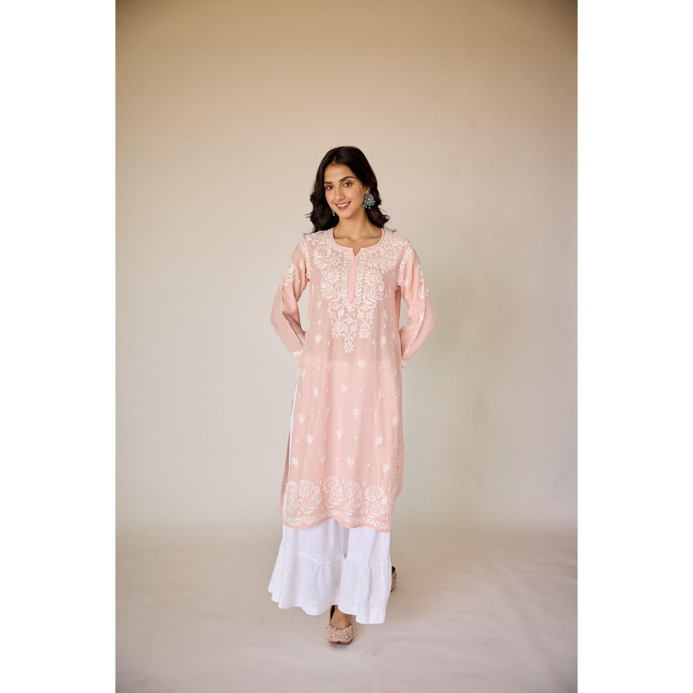 Old Marigold Leen Blush Peach Muslin Hand Embroidered Chikankari Kurta