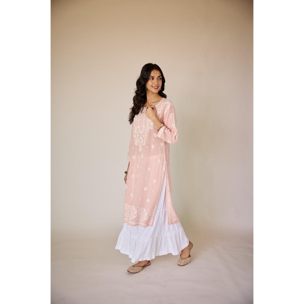 Old Marigold Leen Blush Peach Muslin Hand Embroidered Chikankari Kurta