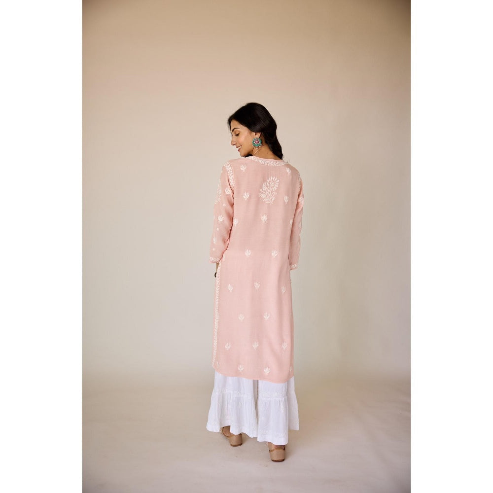 Old Marigold Leen Blush Peach Muslin Hand Embroidered Chikankari Kurta