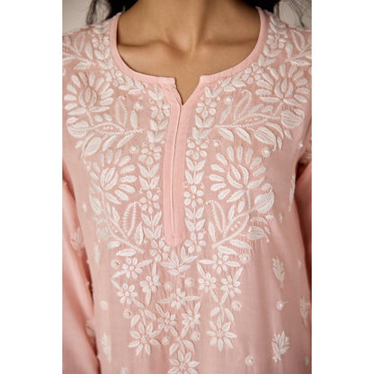Old Marigold Leen Blush Peach Muslin Hand Embroidered Chikankari Kurta