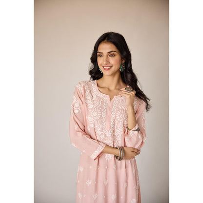 Old Marigold Leen Blush Peach Muslin Hand Embroidered Chikankari Kurta