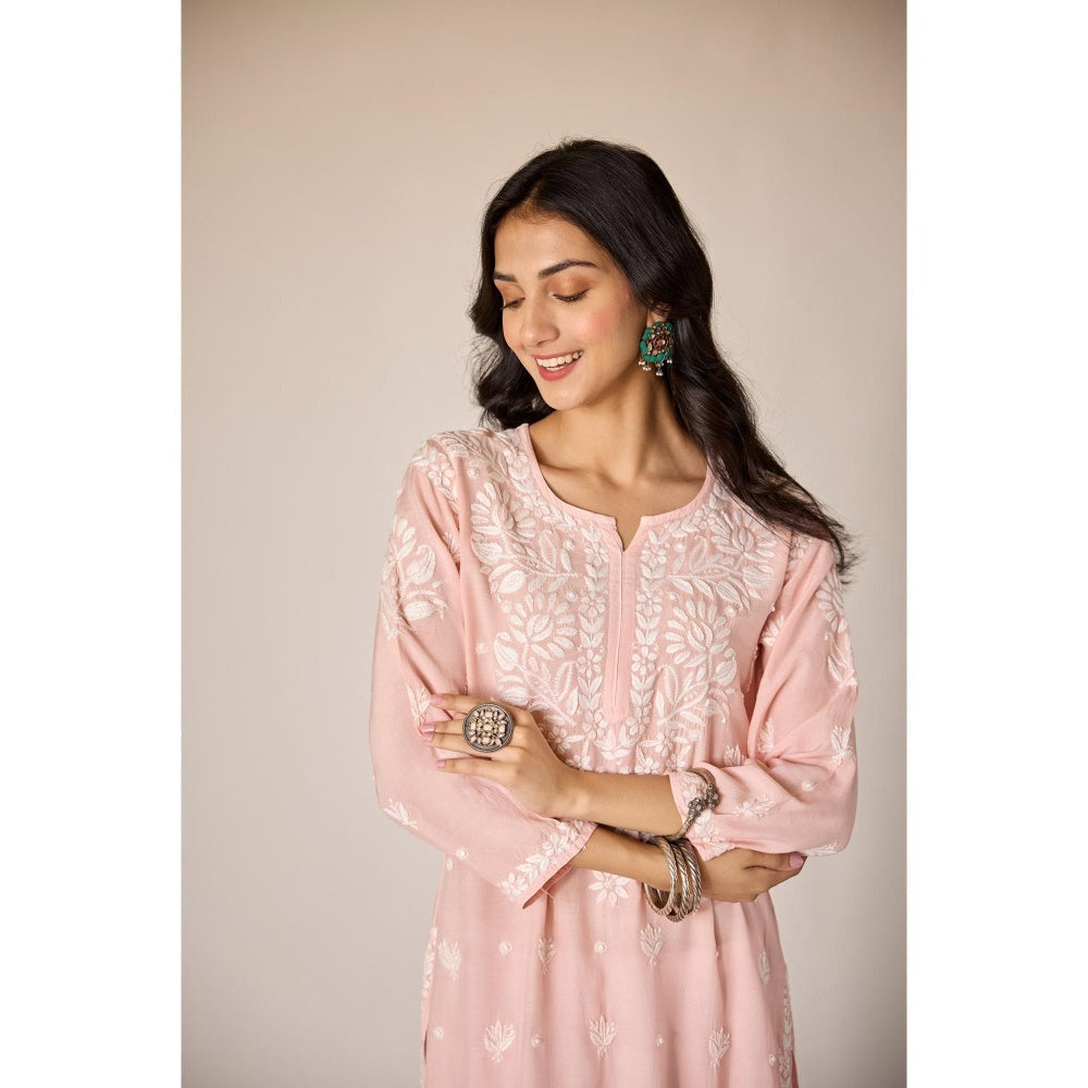 Old Marigold Leen Blush Peach Muslin Hand Embroidered Chikankari Kurta