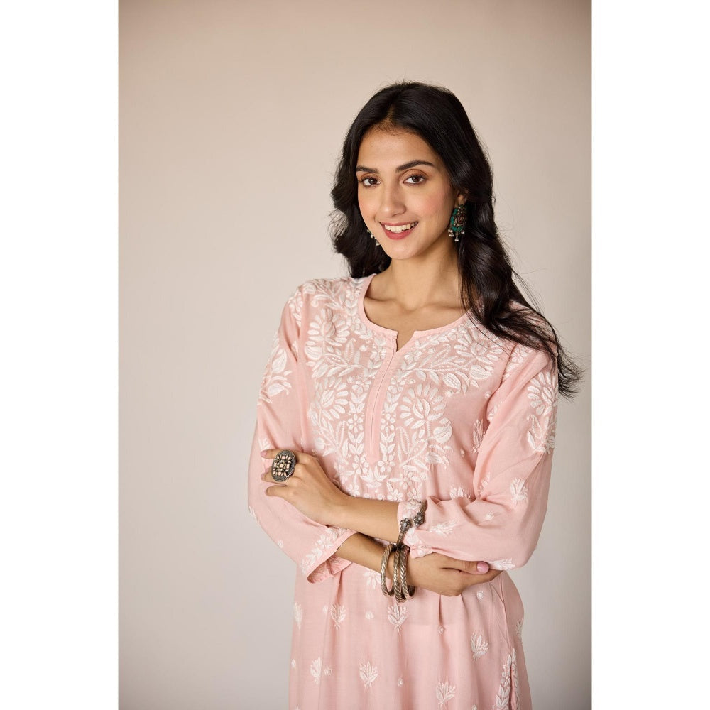 Old Marigold Leen Blush Peach Muslin Hand Embroidered Chikankari Kurta
