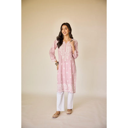 Old Marigold Noura Dusty Pink Muslin Hand Embroidered Chikankari Kurta