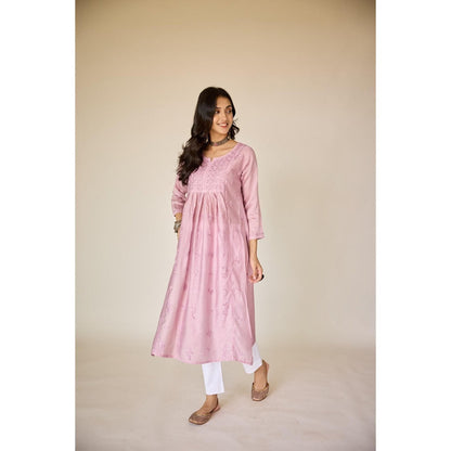 Old Marigold Rim Purple Chanderi Hand Embroidered Chikankari Kurta