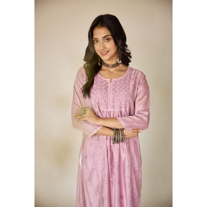 Old Marigold Rim Purple Chanderi Hand Embroidered Chikankari Kurta