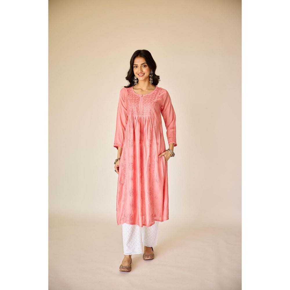 Old Marigold Tala Peach Chanderi Hand Embroidered Chikankari Kurta