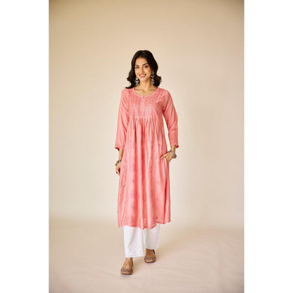 Old Marigold Tala Peach Chanderi Hand Embroidered Chikankari Kurta