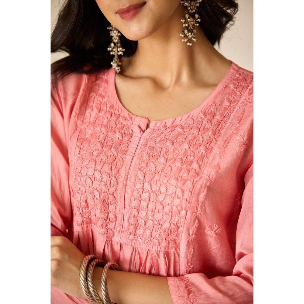 Old Marigold Tala Peach Chanderi Hand Embroidered Chikankari Kurta