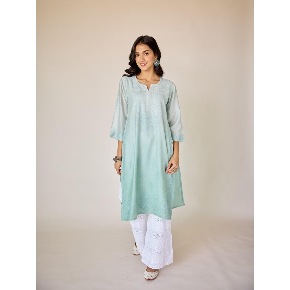 Old Marigold Basima Turquoise Ombre Chanderi Hand Embroidered Chikankari Kurta