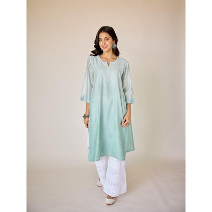 Old Marigold Basima Turquoise Ombre Chanderi Hand Embroidered Chikankari Kurta