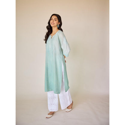 Old Marigold Basima Turquoise Ombre Chanderi Hand Embroidered Chikankari Kurta