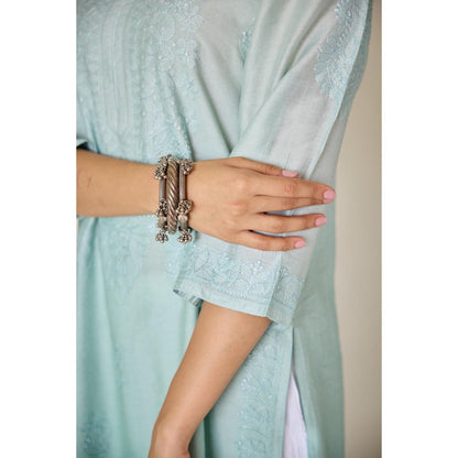 Old Marigold Basima Turquoise Ombre Chanderi Hand Embroidered Chikankari Kurta