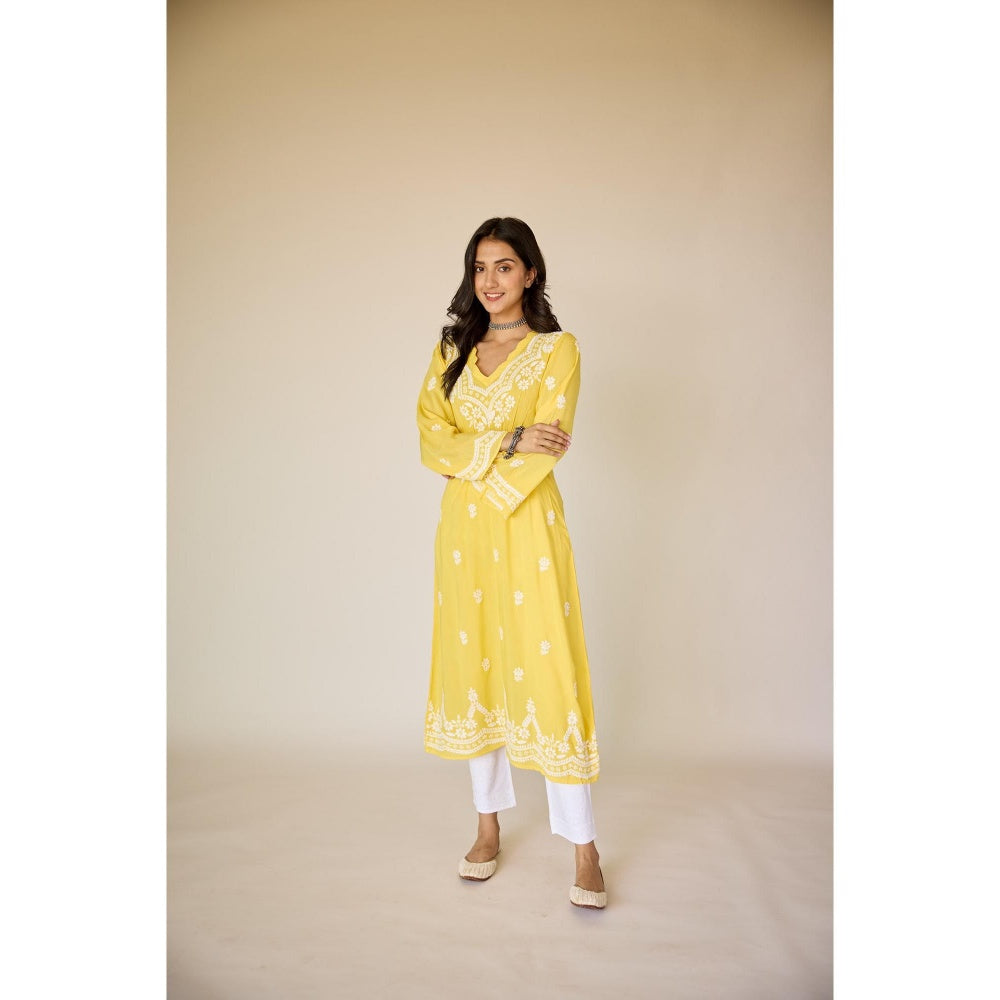 Old Marigold Henna Yellow Modal Hand Embroidered Chikankari Kurta