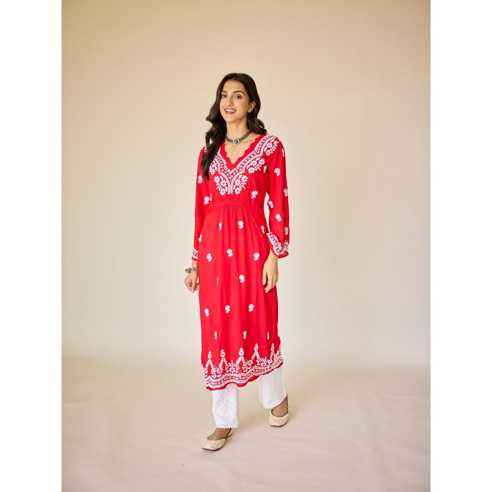 Old Marigold Ayub Red Modal Hand Embroidered Chikankari Kurta