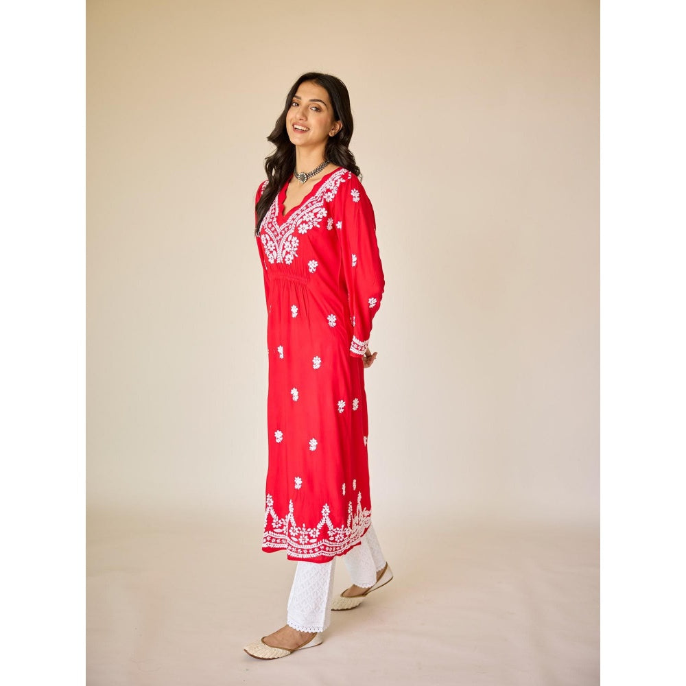 Old Marigold Ayub Red Modal Hand Embroidered Chikankari Kurta
