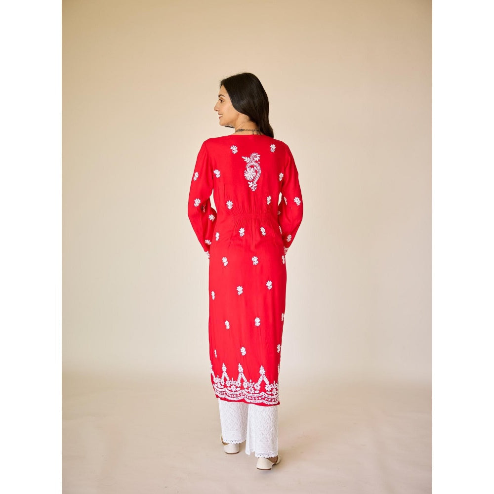 Old Marigold Ayub Red Modal Hand Embroidered Chikankari Kurta
