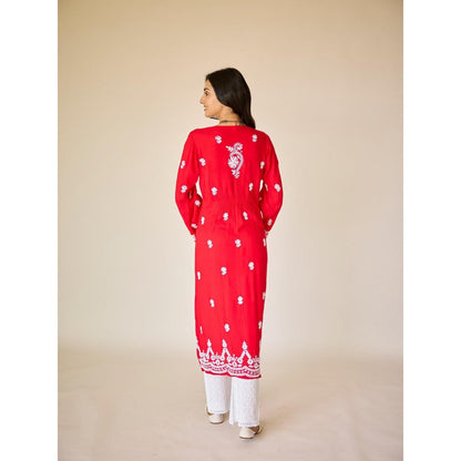 Old Marigold Ayub Red Modal Hand Embroidered Chikankari Kurta