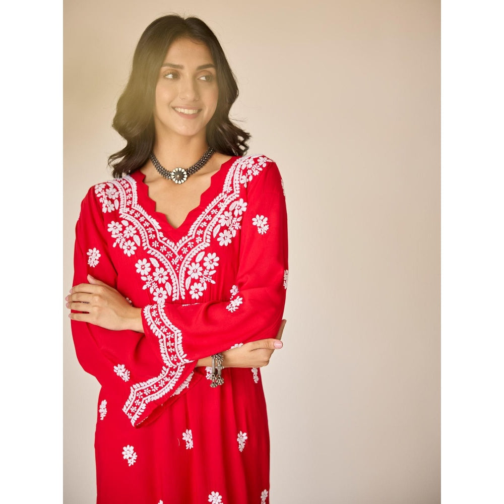 Old Marigold Ayub Red Modal Hand Embroidered Chikankari Kurta