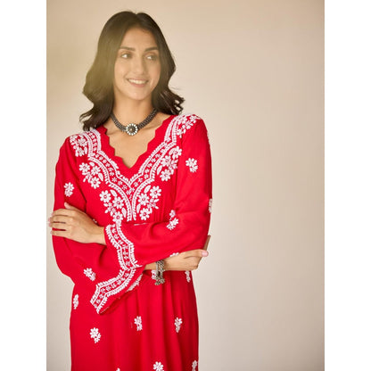 Old Marigold Ayub Red Modal Hand Embroidered Chikankari Kurta
