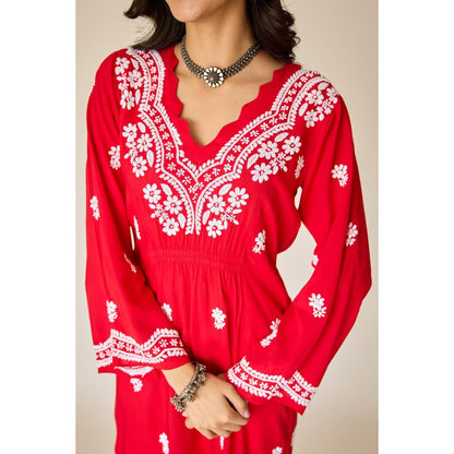 Old Marigold Ayub Red Modal Hand Embroidered Chikankari Kurta