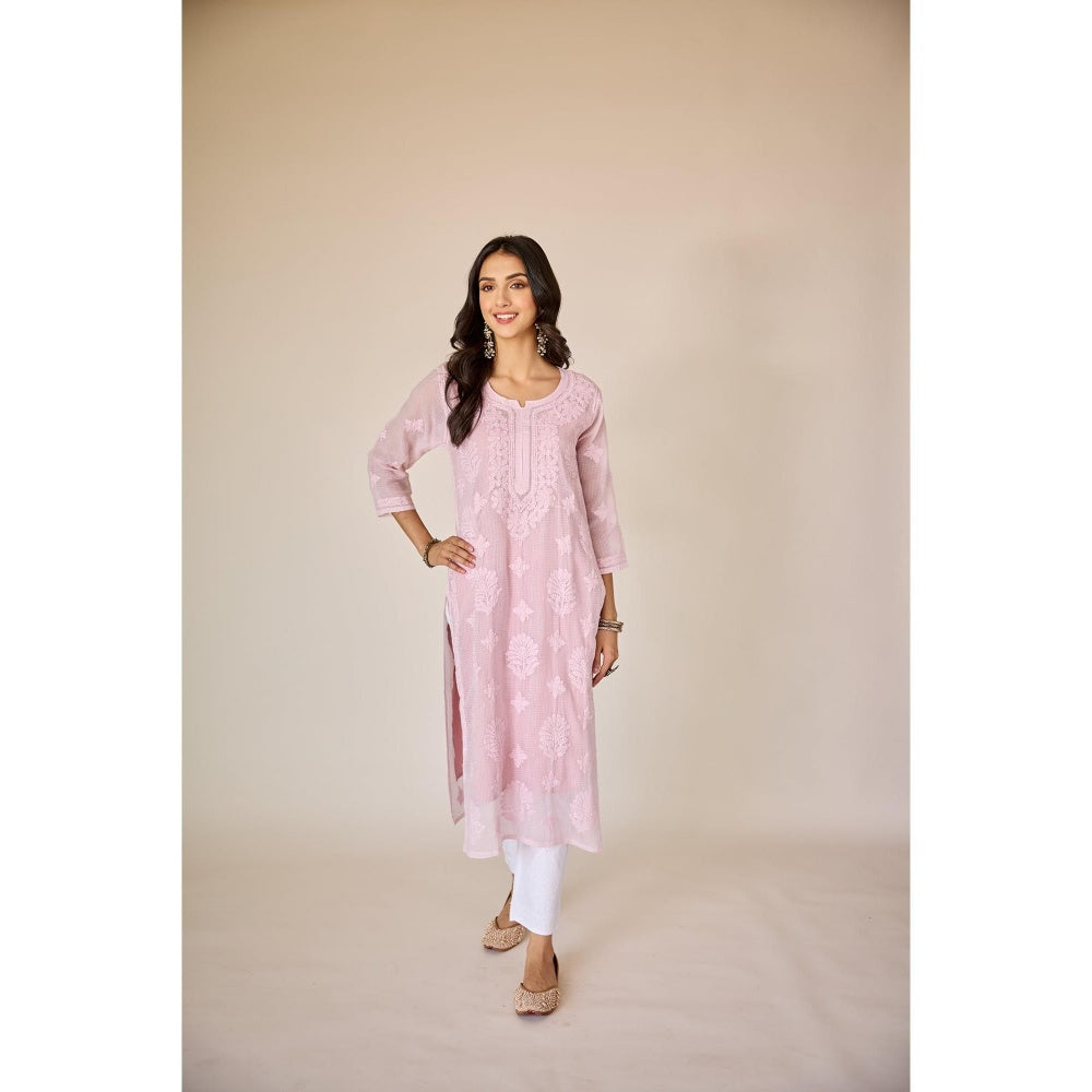 Old Marigold Jayanti Pink Kota Hand Embroidered Chikankari Kurta With Slip