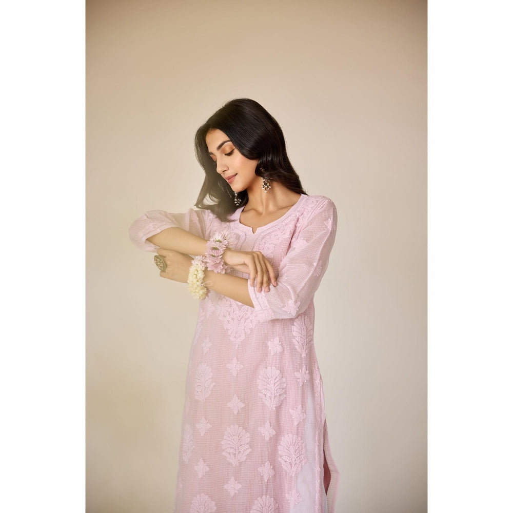 Old Marigold Jayanti Pink Kota Hand Embroidered Chikankari Kurta With Slip