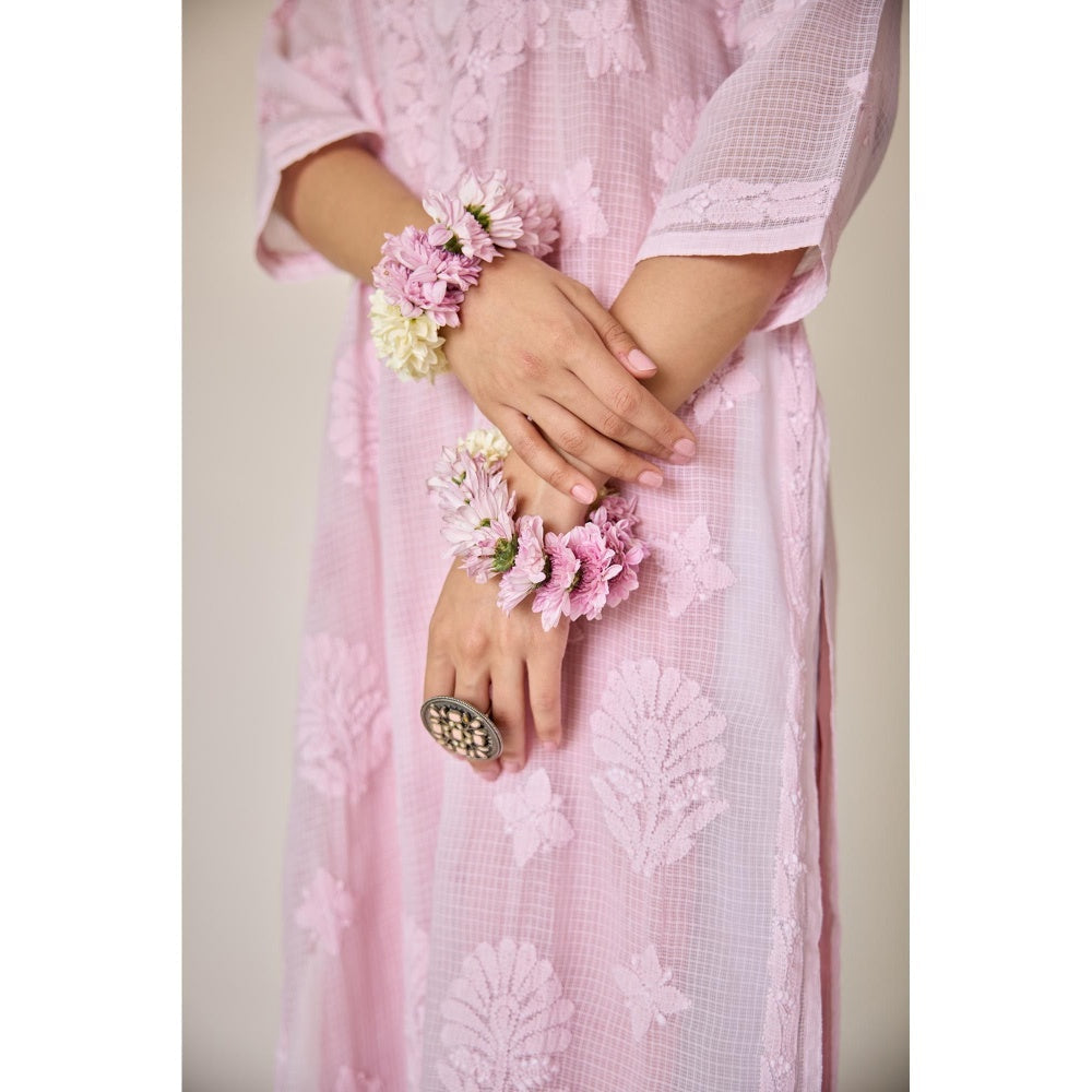 Old Marigold Jayanti Pink Kota Hand Embroidered Chikankari Kurta With Slip