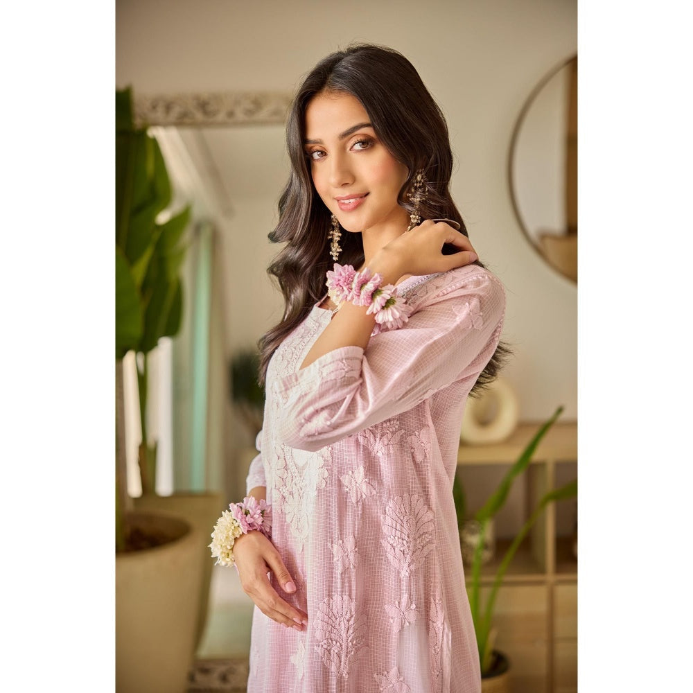 Old Marigold Jayanti Pink Kota Hand Embroidered Chikankari Kurta With Slip