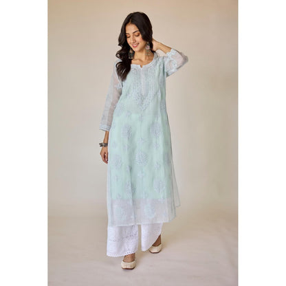 Old Marigold Dehra Blue Kota Hand Embroidered Chikankari Kurta With Slip