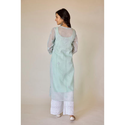Old Marigold Dehra Blue Kota Hand Embroidered Chikankari Kurta With Slip