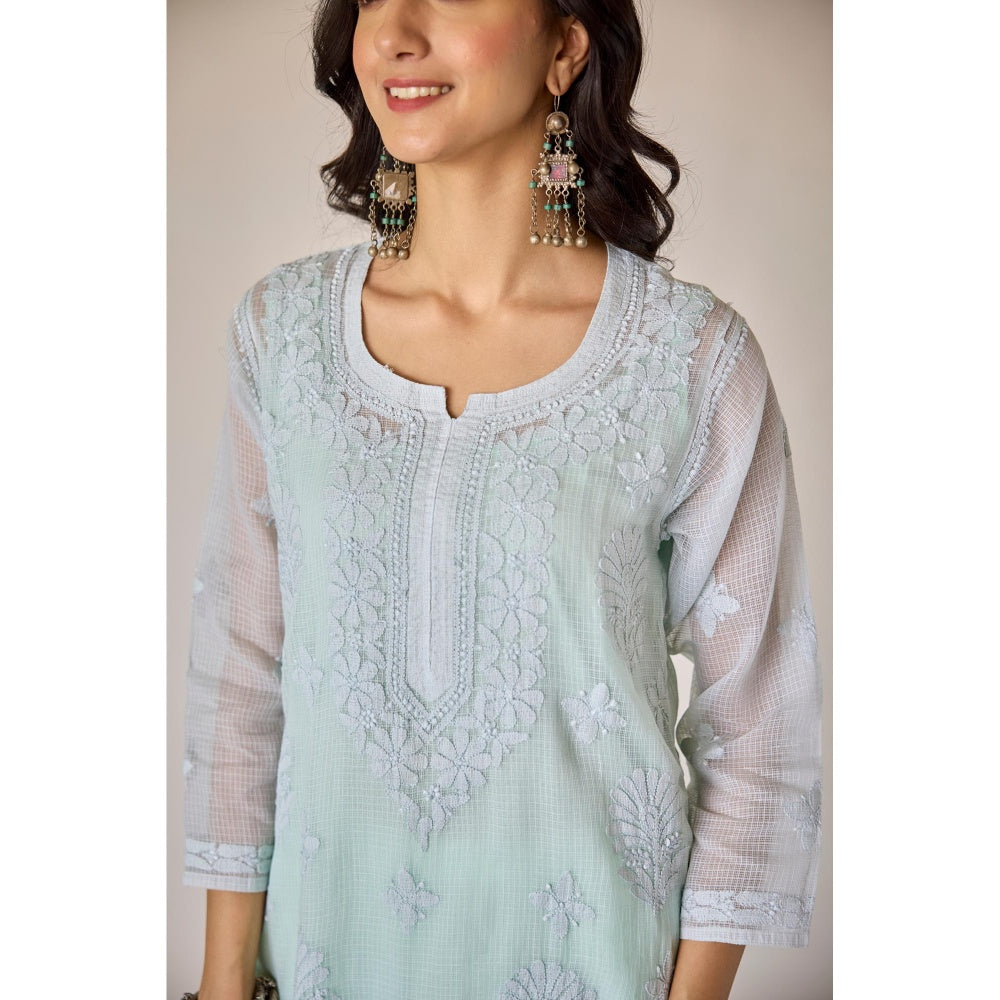 Old Marigold Dehra Blue Kota Hand Embroidered Chikankari Kurta With Slip