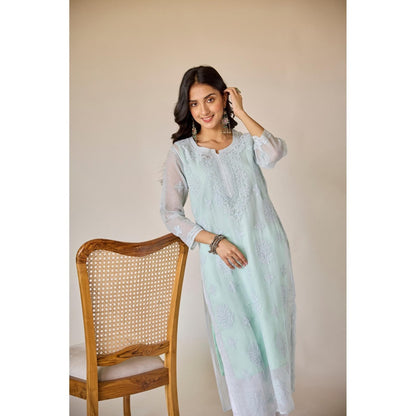 Old Marigold Dehra Blue Kota Hand Embroidered Chikankari Kurta With Slip