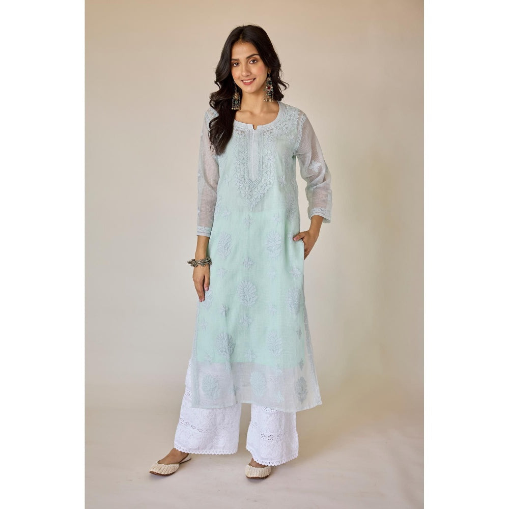 Old Marigold Dehra Blue Kota Hand Embroidered Chikankari Kurta With Slip