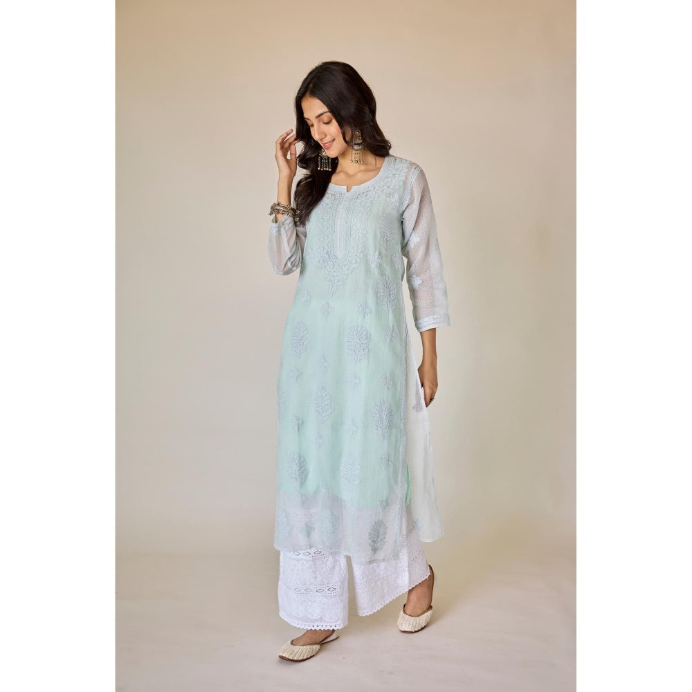 Old Marigold Dehra Blue Kota Hand Embroidered Chikankari Kurta With Slip