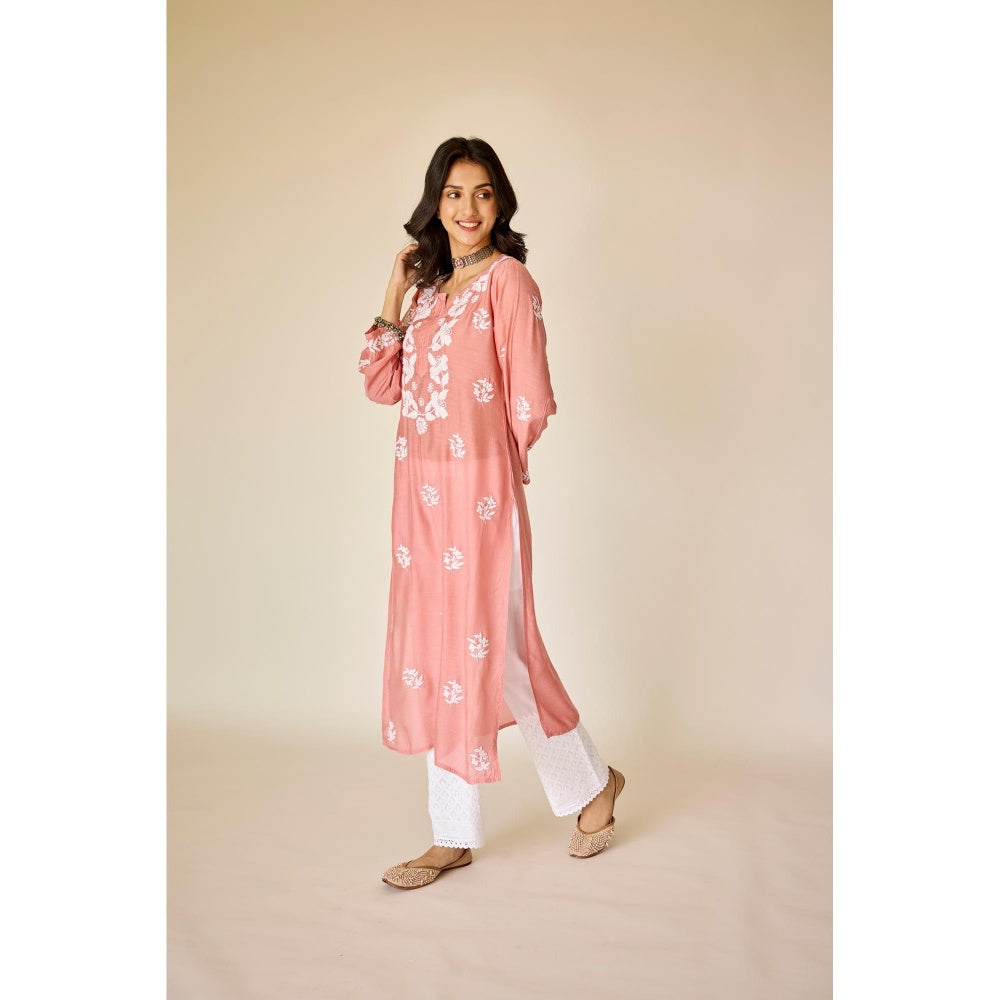 Old Marigold Sumaiya Peach Pink Muslin Hand Embroidered Chikankari Kurta